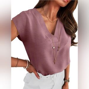 Dusty Rose Women Tops Cap Sleeve Textured Casual V Neck Shirts 2025 Summer Work